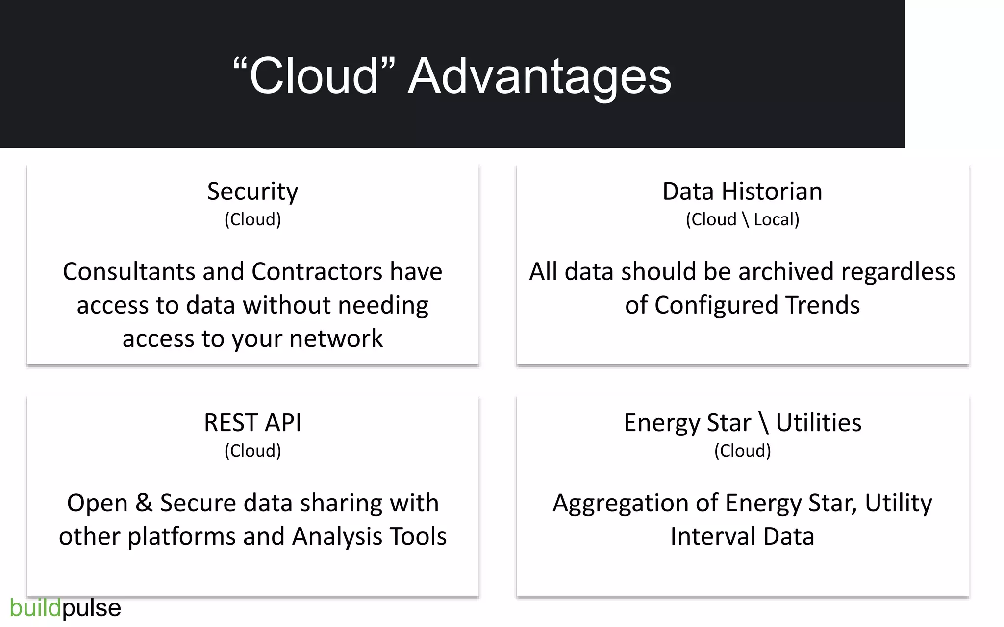 Other Benefits
Security
(Cloud)
Consultants and Contractors have
access to data without needing
access to your network
Data Historian
(Cloud  Local)
All data should be archived regardless
of Configured Trends
REST API
(Cloud)
Open & Secure data sharing with
other platforms and Analysis Tools
Energy Star  Utilities
(Cloud)
Aggregation of Energy Star, Utility
Interval Data
buildpulse
“Cloud” Advantages
 