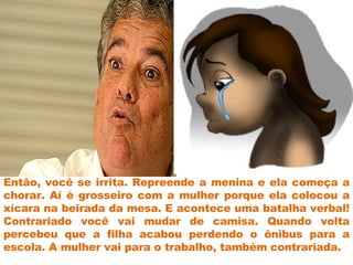 Então, você se irrita. Repreende a menina e ela começa a chorar. Aí é grosseiro com a mulher porque ela colocou a xícara na beirada da mesa. E acontece uma batalha verbal! Contrariado você vai mudar de camisa. Quando volta percebeu que a filha acabou perdendo o ônibus para a escola. A mulher vai para o trabalho, também contrariada.  