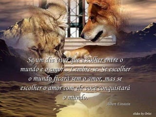 Se um dia tiver que escolher entre o mundo e o amor... Lembre-se. Se escolher o mundo ficará sem o amor, mas se escolher o amor com ele você conquistará o mundo. Albert Einstein 