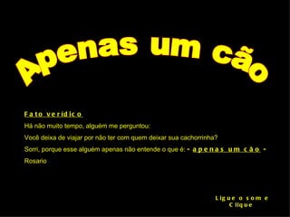 •F a t o v e r í d i c o
•Há não muito tempo, alguém me perguntou:
•Você deixa de viajar por não ter com quem deixar sua cachorrinha?
•Sorri, porque esse alguém apenas não entende o que é: - a p e n a s u m c ã o -
•Rosario




                                                                •L i g u e o s o m e
                                                                        C liq u e
 