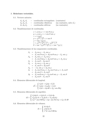 A. Relaciones vectoriales.
A.1. Vectores unitarios.
ux, uy, uz − coordenadas rectangulares (constantes)
uρ, uϕ, uz − coordenadas cil´ındricas (no constantes, salvo uz)
ur, uθ, uϕ − coordenadas esf´ericas (no constantes)
A.2. Transformaciones de coordenadas.
x = ρ cos ϕ = r sen θ cos ϕ
y = ρ sen ϕ = r sen θ sen ϕ
z = r cos θ
ρ =
√
x2 + y2 = r sen θ
ϕ = tan−1
(y/x)
r =
√
x2 + y2 + z2 =
√
ρ2 + z2
θ = tan−1
(
√
x2 + y2/z) = tan−1
(ρ/z)
A.3. Transformaciones de las componentes coordenadas.
Ax = Aρ cos ϕ − Aϕ sen ϕ
= Ar sen θ cos ϕ + Aθ cos θ cos ϕ − Aϕ sen ϕ
Ay = Aρ sen ϕ + Aϕ cos ϕ
= Ar sen θ sin ϕ + Aθ cos θ sen ϕ + Aϕ cos ϕ
Az = Ar cos θ − Aθ sen θ
Aρ = Ax cos ϕ + Ay sen ϕ
= Ar sen θ + Aθ cos θ
Aϕ = −Ax sen ϕ + Ay cos ϕ
Ar = Ax sen θ cos ϕ + Ay sen θ sen ϕ + Az cos θ
= Aρ sen θ + Az cos θ
Aθ = Ax cos θ cos ϕ + Ay cos θ sen ϕ − Az sen θ
= Aρ cos θ − Az sen θ
A.4. Elementos diferenciales de longitud.
dl =



uxdx + uydy + uzdz
uρdρ + uϕρdϕ + uzdz
urdr + uθrdθ + uϕr sen θdϕ
A.5. Elementos diferenciales de superﬁcie.
ds =



uxdy dz + uydx dz + uzdx dy
uρρ dϕ dz + uϕdρ dz + uzρ dρ dϕ
urr2
sen θ dθ dϕ + uθr sen θ dr dϕ + uϕr dr dθ
A.6. Elementos diferenciales de volumen.
dv =



dx dy dz
ρ dρ dϕ dz
r2
dr sen θ dθ dϕ
22
 