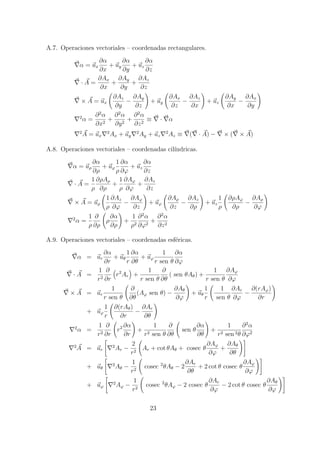 A.7. Operaciones vectoriales C coordenadas rectangulares.
 = ux
?
?x
+ uy
?
?y
+ uz
?
?z
 A =
?Ax
?x
+
?Ay
?y
+
?Az
?z
 A = ux
?Az
?y
?
?Ay
?z
+ uy
?Ax
?z
?
?Az
?x
+ uz
?Ay
?x
?
?Ax
?y
2
 =
?2

?x2
+
?2

?y2
+
?2

?z2
  
2
A = ux
2
Ax + uy
2
Ay + uz
2
Az  (  A) ?  (  A)
A.8. Operaciones vectoriales C coordenadas cil??ndricas.
 = u
?
?
+ u?
1

?
??
+ uz
?
?z
 A =
1

?A
?
+
1

?A?
??
+
?Az
?z
 A = u
1

?Az
??
?
?A?
?z
+ u?
?A
?z
?
?Az
?
+ uz
1

?A?
?
?
?A
??
2
 =
1

?
?

?
?
+
1
2
?2

??2
+
?2

?z2
A.9. Operaciones vectoriales C coordenadas esf?ericas.
 = ur
?
?r
+ u
1
r
?
?
+ u?
1
r sen 
?
??
 A =
1
r2
?
?r
r2
Ar +
1
r sen 
?
?
( sen A) +
1
r sen 
?A?
??
 A = ur
1
r sen 
?
?
(A? sen ) ?
?A
??
+ u
1
r
1
sen 
?Ar
??
?
?(rA?)
?r
+ u?
1
r
?(rA)
?r
?
?Ar
?
2
 =
1
r2
?
?r
r2 ?
?r
+
1
r2 sen 
?
?
sen 
?
?
+
1
r2 sen 2
?2

??2
2
A = ur
2
Ar ?
2
r2
Ar + cot A + cosec 
?A?
??
+
?A
?
+ u
2
A ?
1
r2
cosec 2
A ? 2
?Ar
?
+ 2 cot  cosec 
?A?
??
+ u?
2
A? ?
1
r2
cosec 2
A? ? 2 cosec 
?Ar
??
? 2 cot  cosec 
?A
??
23
 
