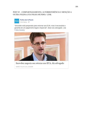 205
POST 85 – COMPARTILHAMENTO, AUTORREFERÊNCIA E MENÇÃO A
OUTRA PÁGINA (VIA FOLHA MUNDO) / LINK
 