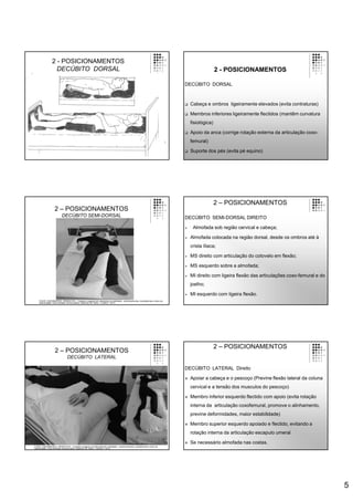 5
2 - POSICIONAMENTOS
DECÚBITO DORSAL 2 - POSICIONAMENTOS
DECÚBITO DORSAL
 Cabeça e ombros ligeiramente elevados (evita contraturas)
 Membros inferiores ligeiramente flectidos (mantêm curvatura
fisiológica)
 Apoio da anca (corrige rotação externa da articulação coxo-
femural)
 Suporte dos pés (evita pé equino)
2 – POSICIONAMENTOS
DECÚBITO SEMI-DORSAL
FONTE: ENFERMEIROS, ORDEM DOS – Cuidados à pessoa com alterações da mobilidade – posicionamentos, transferências e treino de
deambulação. Guia orientador de boa prática. Cadernos OE. Série 1. número 7. 2013.
2 – POSICIONAMENTOS
DECÚBITO SEMI-DORSAL DIREITO
 Almofada sob região cervical e cabeça;
 Almofada colocada na região dorsal, desde os ombros até à
crista íliaca;
 MS direito com articulação do cotovelo em flexão;
 MS esquerdo sobre a almofada;
 MI direito com ligeira flexão das articulações coxo-femural e do
joelho;
 MI esquerdo com ligeira flexão.
2 – POSICIONAMENTOS
DECÚBITO LATERAL
FONTE: ENFERMEIROS, ORDEM DOS – Cuidados à pessoa com alterações da mobilidade – posicionamentos, transferências e treino de
deambulação. Guia orientador de boa prática. Cadernos OE. Série 1. número 7. 2013.
2 – POSICIONAMENTOS
DECÚBITO LATERAL Direito
 Apoiar a cabeça e o pescoço (Previne flexão lateral da coluna
cervical e a tensão dos musculos do pescoço)
 Membro inferior esquerdo flectido com apoio (evita rotação
interna da articulação coxofemural, promove o alinhamento,
previne deformidades, maior estabilidade)
 Membro superior esquerdo apoiado e flectido, evitando a
rotação interna da articulação escapulo umeral
 Se necessário almofada nas costas.
 