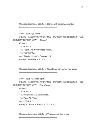 29




     # Replace placeholder table for v_Clientes with correct view syntax
     # ------------------------------------------------------------


     DROP TABLE `v_Clientes`;
     CREATE         ALGORITHM=UNDEFINED                     DEFINER=`root`@`localhost`   SQL
SECURITY DEFINER VIEW `v_Clientes`
     AS select
       `c`.`id` AS `id`,
       `v`.`TESTE` AS `Nome/Razão Social`,
       `v`.`Tipo` AS `Tipo`
     from (`Cliente` `c` join `v_Pessoas` `v`)
     where (`c`.`idPessoa` = `v`.`id`);




     # Replace placeholder table for v_TitulosPagar with correct view syntax
     # ------------------------------------------------------------


     DROP TABLE `v_TitulosPagar`;
     CREATE         ALGORITHM=UNDEFINED                     DEFINER=`root`@`localhost`   SQL
SECURITY DEFINER VIEW `v_TitulosPagar`
     AS select
       `v`.`id` AS `id`,
       `v`.`Vencimento` AS `Vencimento`,
       `v`.`Valor` AS `Valor`
     from `v_Titulos` `v`
     where ((`v`.`Status` = 0) and (`v`.`Tipo` = 1));




     # Replace placeholder table for cliPF with correct view syntax
     # ------------------------------------------------------------
 