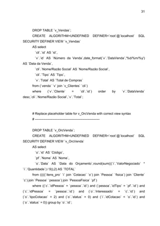 31




       DROP TABLE `v_Vendas`;
       CREATE         ALGORITHM=UNDEFINED                       DEFINER=`root`@`localhost`        SQL
SECURITY DEFINER VIEW `v_Vendas`
       AS select
         `cli`.`id` AS `id`,
         `v`.`id` AS `Número da Venda`,date_format(`v`.`DataVenda`,'%d/%m/%y')
AS `Data da Venda`,
         `cli`.`Nome/Razão Social` AS `Nome/Razão Social`,
         `cli`.`Tipo` AS `Tipo`,
         `v`.`Total` AS `Total de Compras`
       from (`venda` `v` join `v_Clientes` `cli`)
       where        (`v`.`Cliente`         =      `cli`.`id`)      order    by       `v`.`DataVenda`
desc,`cli`.`Nome/Razão Social`,`v`.`Total`;




       # Replace placeholder table for v_OrcVenda with correct view syntax
       # ------------------------------------------------------------


       DROP TABLE `v_OrcVenda`;
       CREATE         ALGORITHM=UNDEFINED                       DEFINER=`root`@`localhost`        SQL
SECURITY DEFINER VIEW `v_OrcVenda`
       AS select
         `o`.`id` AS `Código`,
         `pf`.`Nome` AS `Nome`,
         `o`.`Data` AS `Data do Orçamento`,round(sum(((`i`.`ValorNegociado` *
`i`.`Quantidade`) / 9)),2) AS `TOTAL`
       from (((((`itens_pro` `i` join `Cotacao` `o`) join `Pessoa` `fisica`) join `Cliente`
`c`) join `Pessoa` `pessoa`) join `PessoaFisica` `pf`)
       where ((`c`.`idPessoa` = `pessoa`.`id`) and (`pessoa`.`idTipo` = `pf`.`id`) and
(`c`.`idPessoa`      =     `pessoa`.`id`)        and      (`o`.`Interessado`     =    `c`.`id`)   and
(`o`.`tipoCotacao` = 2) and (`o`.`status` = 0) and (`i`.`idCotacao` = `o`.`id`) and
(`o`.`status` = 0)) group by `o`.`id`;
 
