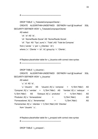 33



       # ------------------------------------------------------------


       DROP TABLE `v_TotaisdeCompraporCliente`;
       CREATE         ALGORITHM=UNDEFINED                      DEFINER=`root`@`localhost`            SQL
SECURITY DEFINER VIEW `v_TotaisdeCompraporCliente`
       AS select
         `cli`.`id` AS `id`,
         `cli`.`Nome/Razão Social` AS `Nome/Razão Social`,
         `cli`.`Tipo` AS `Tipo`,sum(`v`.`Total`) AS `Total de Compras`
       from (`venda` `v` join `v_Clientes` `cli`)
       where (`v`.`Cliente` = `cli`.`id`) group by `v`.`Cliente`;




       # Replace placeholder table for v_Usuarios with correct view syntax
       # ------------------------------------------------------------


       DROP TABLE `v_Usuarios`;
       CREATE         ALGORITHM=UNDEFINED                      DEFINER=`root`@`localhost`            SQL
SECURITY DEFINER VIEW `v_Usuarios`
       AS select
         `u`.`id` AS `id`,
         `u`.`Usuario`         AS       `Usuario`,if((`u`.`compras`           =    1),'Sim','Não')    AS
`Compras`,if((`u`.`vendas`          =     1),'Sim','Não')       AS      `Vendas`,if((`u`.`estoque`     =
1),'Sim','Não')       AS        `Estoque`,if((`u`.`produtos`              =       1),'Sim','Não')    AS
`Produtos`,if((`u`.`fornecedores`                      =                 1),'Sim','Não')             AS
`Fornecedores`,if((`u`.`ferramentas`                       =              1),'Sim','Não')             AS
`Ferramentas`,if((`u`.`clientes` = 1),'Sim','Não') AS `Clientes`
       from `Usuario` `u`;




       # Replace placeholder table for v_prospect with correct view syntax
       # ------------------------------------------------------------


       DROP TABLE `v_prospect`;
 