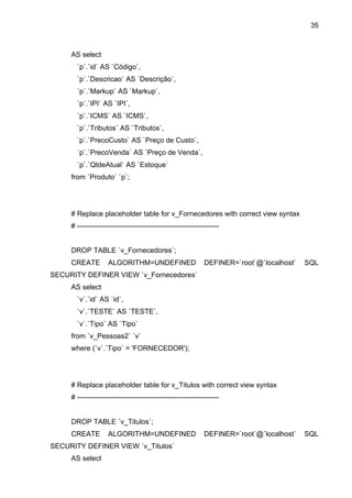 35



     AS select
       `p`.`id` AS `Código`,
       `p`.`Descricao` AS `Descrição`,
       `p`.`Markup` AS `Markup`,
       `p`.`IPI` AS `IPI`,
       `p`.`ICMS` AS `ICMS`,
       `p`.`Tributos` AS `Tributos`,
       `p`.`PrecoCusto` AS `Preço de Custo`,
       `p`.`PrecoVenda` AS `Preço de Venda`,
       `p`.`QtdeAtual` AS `Estoque`
     from `Produto` `p`;




     # Replace placeholder table for v_Fornecedores with correct view syntax
     # ------------------------------------------------------------


     DROP TABLE `v_Fornecedores`;
     CREATE         ALGORITHM=UNDEFINED                     DEFINER=`root`@`localhost`   SQL
SECURITY DEFINER VIEW `v_Fornecedores`
     AS select
       `v`.`id` AS `id`,
       `v`.`TESTE` AS `TESTE`,
       `v`.`Tipo` AS `Tipo`
     from `v_Pessoas2` `v`
     where (`v`.`Tipo` = 'FORNECEDOR');




     # Replace placeholder table for v_Titulos with correct view syntax
     # ------------------------------------------------------------


     DROP TABLE `v_Titulos`;
     CREATE         ALGORITHM=UNDEFINED                     DEFINER=`root`@`localhost`   SQL
SECURITY DEFINER VIEW `v_Titulos`
     AS select
 