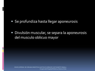  Se profundiza hasta llegar aponeurosis
 Divulsión muscular, se separa la aponeurosis
del musculo oblicuo mayor
ENCICLOPEDIA DE CIRUGIA DIGESTIVA GUSTAVO HORACIO CASTAGNETO Médico
Cirujano del Hospital Británico, Buenos Aires
 