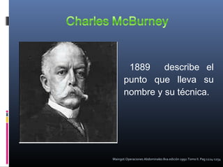 1889
describe el
punto que lleva su
nombre y su técnica.

Maingot.Operaciones Abdominales 8va.edición 1992.Tomo II. Pag 1224-1254

 