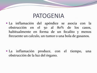 PATOGENIA
 La inflamación del apéndice se asocia con la
obstrucción en el 50 al 80% de los casos,
habitualmente en forma de un fecalito y menos
frecuente un calculo, un tumor o una bola de gusanos.
 La inflamación produce, con el tiempo, una
obstrucción de la luz del órgano.
 