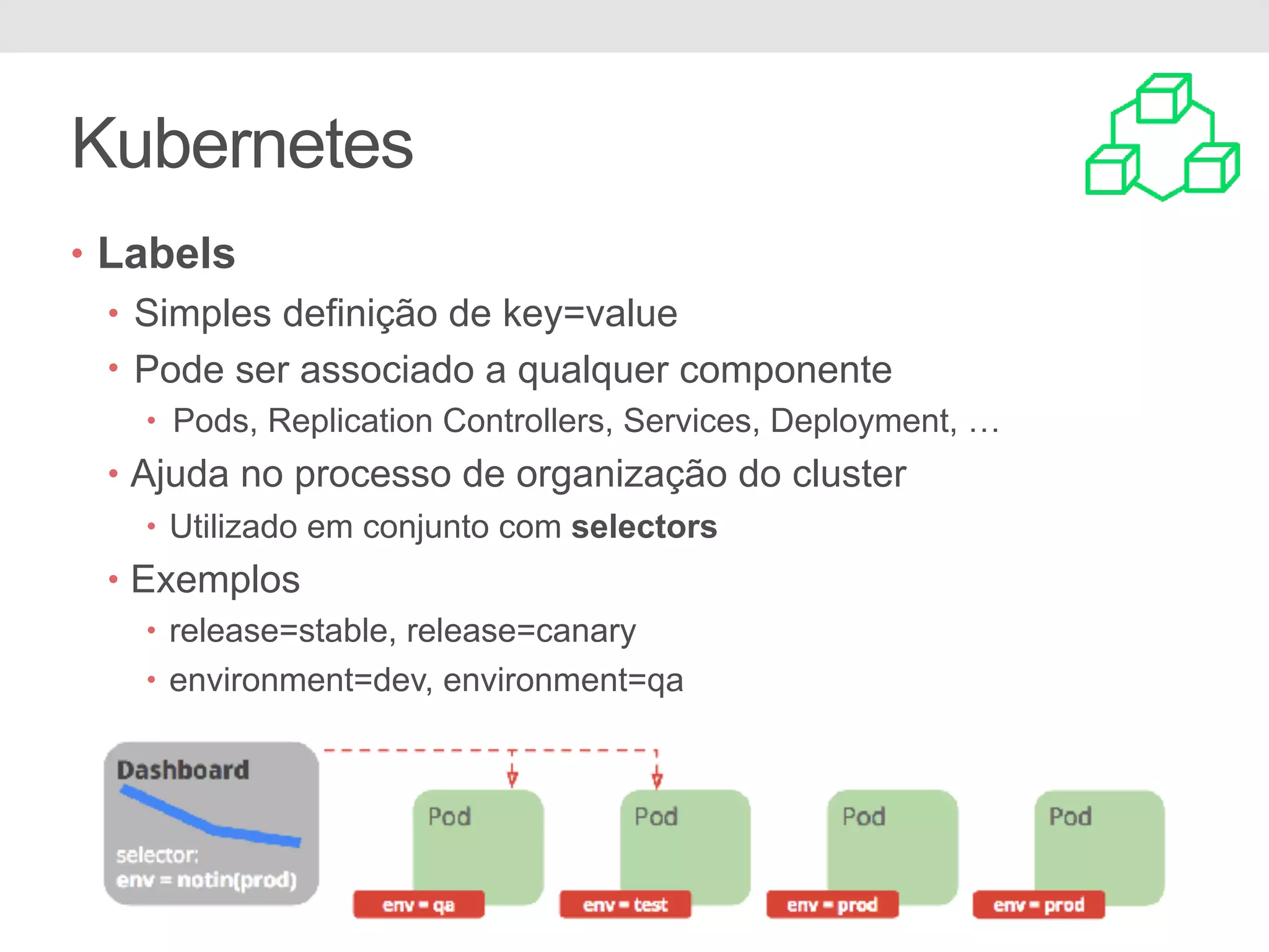 Kubernetes • Labels • Simples definição de key=value • Pode ser associado a qualquer componente • Pods, Replication Controllers, Services, Deployment, … • Ajuda no processo de organização do cluster • Utilizado em conjunto com selectors • Exemplos • release=stable, release=canary • environment=dev, environment=qa 