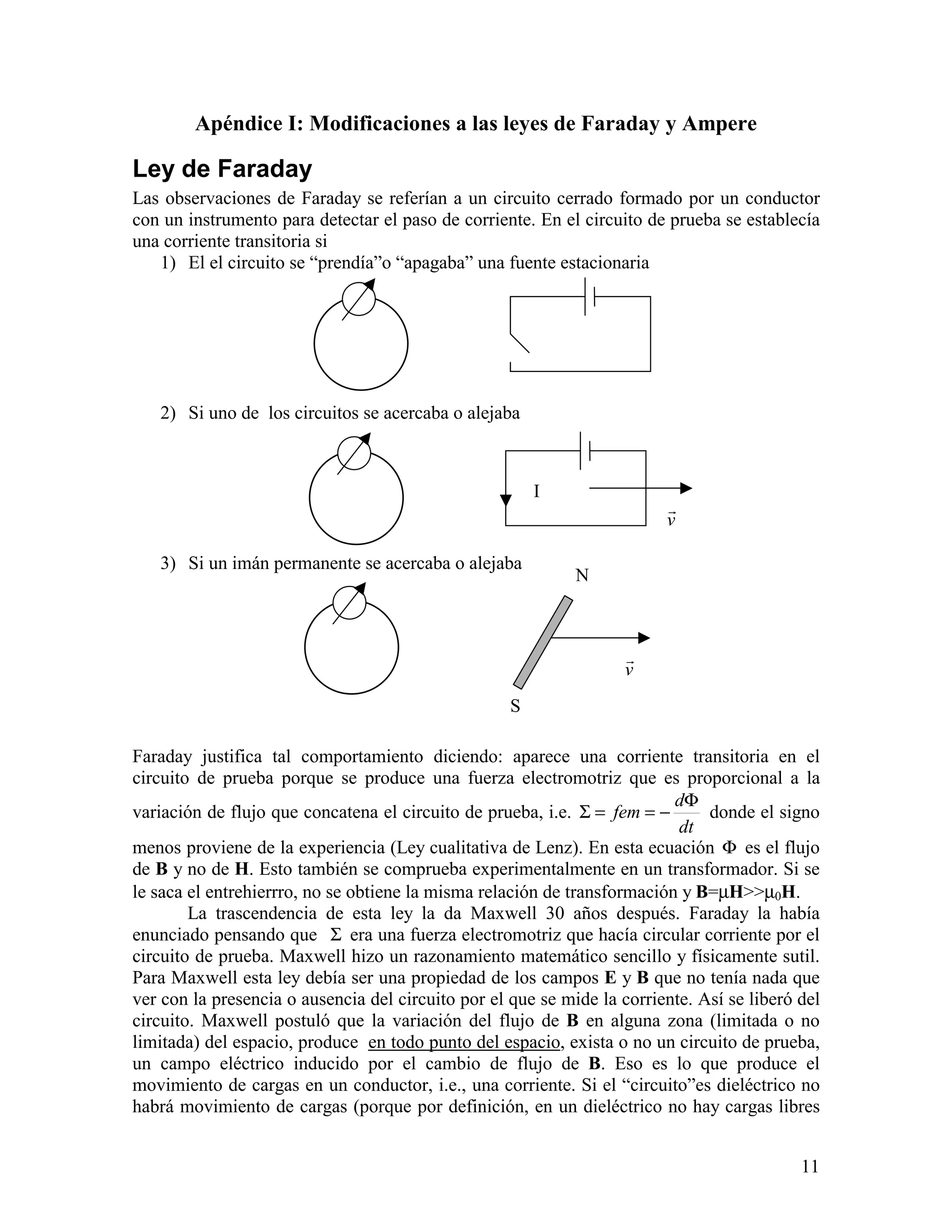 11
Apéndice I: Modificaciones a las leyes de Faraday y Ampere
Ley de Faraday
Las observaciones de Faraday se referían a un circuito cerrado formado por un conductor
con un instrumento para detectar el paso de corriente. En el circuito de prueba se establecía
una corriente transitoria si
1) El el circuito se “prendía”o “apagaba” una fuente estacionaria
2) Si uno de los circuitos se acercaba o alejaba
3) Si un imán permanente se acercaba o alejaba
Faraday justifica tal comportamiento diciendo: aparece una corriente transitoria en el
circuito de prueba porque se produce una fuerza electromotriz que es proporcional a la
variación de flujo que concatena el circuito de prueba, i.e.
dt
d
fem
Φ
−==Σ donde el signo
menos proviene de la experiencia (Ley cualitativa de Lenz). En esta ecuación Φ es el flujo
de B y no de H. Esto también se comprueba experimentalmente en un transformador. Si se
le saca el entrehierrro, no se obtiene la misma relación de transformación y B=µH>>µ0H.
La trascendencia de esta ley la da Maxwell 30 años después. Faraday la había
enunciado pensando que Σ era una fuerza electromotriz que hacía circular corriente por el
circuito de prueba. Maxwell hizo un razonamiento matemático sencillo y físicamente sutil.
Para Maxwell esta ley debía ser una propiedad de los campos E y B que no tenía nada que
ver con la presencia o ausencia del circuito por el que se mide la corriente. Así se liberó del
circuito. Maxwell postuló que la variación del flujo de B en alguna zona (limitada o no
limitada) del espacio, produce en todo punto del espacio, exista o no un circuito de prueba,
un campo eléctrico inducido por el cambio de flujo de B. Eso es lo que produce el
movimiento de cargas en un conductor, i.e., una corriente. Si el “circuito”es dieléctrico no
habrá movimiento de cargas (porque por definición, en un dieléctrico no hay cargas libres
I
v
!
v
!
N
S
 