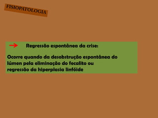 FISIOPATOLOGIARegressão espontânea da crise:Ocorre quando da desobstrução espontânea dolúmen pela eliminação do fecalito ouregressão da hiperplasia linfóide  