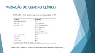 VARIAÇÃO DO QUADRO CLÍNICO
Natesan S, Lee J, Volkamer H, Thoureen T. Evidence-Based Medicine Approach to Abdominal Pain.
 
