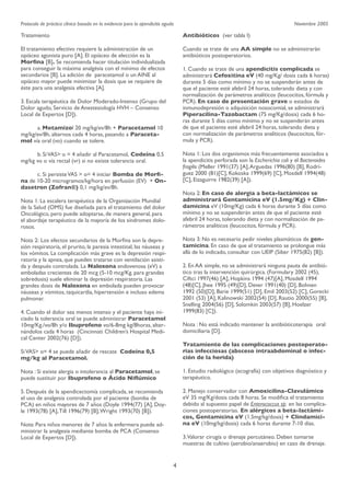 Protocolo de práctica clínica basada en la evidencia para la apendicitis aguda

Noviembre 2005

Tratamiento

Antibióticos (ver tabla I)

El tratamiento efectivo requiere la administración de un
opiáceo agonista puro [A]. El opiáceo de elección es la
Morﬁna [B]. Se recomienda hacer titulación individualizada
para conseguir la máxima analgésia con el mínimo de efectos
secundarios [B]. La adición de paracetamol o un AINE al
opiáceo mayor puede minimizar la dosis que se requiere de
éste para una analgesia efectiva [A].

Cuando se trate de una AA simple no se administrarán
antibióticos postoperatorios.
1. Cuando se trate de una apendicitis complicada se
administrará Cefoxitina eV (40 mg/Kg/ dosis cada 6 horas)
durante 5 días como mínimo y no se suspenderán antes de
que el paciente esté afebril 24 horas, tolerando dieta y con
normalización de parámetros analíticos (leucocitos, fórmula y
PCR). En caso de presentación grave o estados de
inmunodepresión o adquisición nosocomial, se administrará
Piperacilina-Tazobactam (75 mg/Kg/dosis) cada 6 horas durante 5 días como mínimo y no se suspenderán antes
de que el paciente esté afebril 24 horas, tolerando dieta y
con normalización de parámetros analíticos (leucocitos, fórmula y PCR).

3. Escala terapéutica de Dolor Moderado-Intenso (Grupo del
Dolor agudo, Servicio de Anestesiología HVH – Consenso
Local de Expertos [D]).

a. Metamizol 20 mg/kg/ev/8h + Paracetamol 10
mg/kg/ev/8h, alternos cada 4 horas, pasando a Paracetamol vía oral (vo) cuando se tolere.

Nota 1: Los dos organismos más frecuentemente asociados a
la apendicitis perforada son la Escherichia coli y el Bacteroides
fragilis (Meller 1991(37) [A], Arguedas 1996(80) [B], Rodríguez 2000 (81)[C], Kokoska 1999(69) [C], Mosdell 1994(48)
[C], Eizaguirre 1982(39) [A]).


b. Si VAS> o = 4 añadir al Paracetamol, Codeína 0,5
mg/kg vo o vía rectal (vr) si no existe tolerancia oral.

c. Si persiste VAS > o= 4 iniciar Bomba de Morﬁna de 10-20 microgramos/kg/hora en perfusión (EV) + Ondasetron (Zofran®) 0,1 mg/kg/ev/8h.

Nota 2: En caso de alergia a beta-lactámicos se
administrará Gentamicina eV (1.5mg/Kg) + Clindamicina eV (10mg/Kg) cada 6 horas durante 5 días como
mínimo y no se suspenderán antes de que el paciente esté
afebril 24 horas, tolerando dieta y con normalización de parámetros analíticos (leucocitos, fórmula y PCR).

Nota 1: La escalera terapéutica de la Organización Mundial
de la Salud (OMS) fue diseñada para el tratamiento del dolor
Oncológico, pero puede adoptarse, de manera general, para
el abordaje terapéutico de la mayoría de los síndromes dolorosos.

Nota 3: No es necesario pedir niveles plasmáticos de gentamicina. En caso de que el tratamiento se prolongue más
allá de lo indicado, consultar con UEIP (Siber 1975(82) [B]).

Nota 2: Los efectos secundarios de la Morﬁna son la depresión respiratoria, el prurito, la paresia intestinal, las náuseas y
los vómitos. La complicación más grave es la depresión respiratoria y la apnea, que pueden tratarse con ventilación asistida y después controlada. La Naloxona endovenosa (eV) a
emboladas crecientes de 20 mcg (5-10 mcg/Kg. para grandes
sobredosis) suele eliminar la depresión respiratoria. Las
grandes dosis de Naloxona en embolada pueden provocar
náuseas y vómitos, taquicardia, hipertensión e incluso edema
pulmonar.

2. En AA simple, no se administrará ninguna pauta de antibiótico tras la intervención quirúrgica. (Formulary 2002 (45),
Ciftci 1997(46) [A], Hopkins 1994 (47)[A], Mosdell 1994
(48)[C], Jhee 1995 (49)[D], Dever 1991(40) [D], Bohnen
1992 (50)[D], Barie 1999(51) [D], Emil 2003(52) [C], Gorecki
2001 (53) [A], Kalinowski 2002(54) [D], Rautio 2000(55) [B],
Snelling 2004(56) [D], Solomkin 2003(57) [B], Hoelzer
1999(83) [C]).

4. Cuando el dolor sea menos intenso y el paciente haya iniciado la tolerancia oral se puede administrar Paracetamol
10mg/Kg./vo/8h y/o Ibuprofeno vo/6-8mg kg/8horas, alternándolos cada 4 horas (Cincinnati Children’s Hospital Medical Center 2002(76) [D]).

Nota : No está indicado mantener la antibióticoterapia 
oral
domiciliaria [D].

Si VAS> o= 4 se puede añadir de rescate Codeína 0,5
mg/kg al Paracetamol.

Tratamiento de las complicaciones postoperatorias infecciosas (absceso intraabdominal o infección de la herida)

Nota : Si existe alergia o intolerancia al Paracetamol, se
puede sustituir por Ibuprofeno o Ácido Niﬂúmico

1. Estudio radiológico (ecografía) con objetivos diagnóstico y
terapéutico.

5. Después de la apendicectomía complicada, se recomienda
el uso de analgesia controlada por el paciente (bomba de
PCA) en niños mayores de 7 años (Doyle 1994(77) [A], Doyle 1993(78) [A], Till 1996(79) [B], Wright 1993(70) [B]).

2. Manejo conservador con Amoxicilina-Clavulámico
eV 35 mg/Kg/dosis cada 8 horas. Se modiﬁca el tratamiento
debido al supuesto papel de Enterococcus sp. en las complicaciones postoperatorias. En alérgicos a beta-lactámicos, Gentamicina eV (1.5mg/kg/dosis) + Clindamicina eV (10mg/kg/dosis) cada 6 horas durante 7-10 días.

Nota: Para niños menores de 7 años la enfermera puede administrar la analgesia mediante bomba de PCA (Consenso
Local de Expertos [D]).

3.Valorar cirugía o drenaje percutáneo. Deben tomarse
muestras de cultivo (aerobio/anaerobio) en caso de drenaje.

4

 