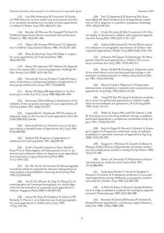 Protocolo de práctica clínica basada en la evidencia para la apendicitis aguda

Noviembre 2005

	
(15) 	 Linz DN, Hrabovsky EE, Franceschi D, Gauderer MW. Does the current health care environment contribute to increased morbidity and mortality of acute appendicitis
in children? J Pediatr Surg 1993; 28(3):321-326.

	
(30) 	 Sivit CJ, Newman KD, Boenning DA, Nussbaum-Blask AR, Bulas DI, Bond SJ et al. Appendicitis: usefulness of US in diagnosis in a pediatric population. Radiology
1992; 185(2):549-552.

	
(16) 	 Brender JD, Marcuse EK, Koepsell TD, Hatch EI.
Childhood appendicitis: factors associated with perforation.
Pediatrics 1985; 76(2):301-306.

	
(31) 	 Crady SK, Jones JS, Wyn T, Luttenton CR. Clinical validity of ultrasound in children with suspected appendicitis. Ann Emerg Med 1993; 22(7):1125-1129.

	
(17) 	 Gilbert SR, Emmens RW, Putnam TC. Appendicitis in children. Surg Gynecol Obstet 1985; 161(3):261-265.

	
(32) 	 Axelrod DA, Sonnad SS, Hirschl RB. An economic evaluation of sonographic examination of children with
suspected appendicitis. J Pediatr Surg 2000; 35(8):1236-1241.

	
(18) 	 Moss JG, Barrie JL, Gunn AA. Delay in surgery
for acute appendicitis. J R Coll Surg Edinb 1985;
30(5):290-293.

	
(33) 	 Schwartz MZ, Tapper D, Solenberger RI. Management of perforated appendicitis in children. The controversy continues. Ann Surg 1983; 197(4):407-411.

	
(19) 	 Nance ML, Adamson WT, Hedrick HL. Appendicitis in the young child: a continuing diagnostic challenge. Pediatr Emerg Care 2000; 16(3):160-162.

	
(34) 	 Bower RJ, Bell MJ, Ternberg JL. Diagnostic value
of the white blood count and neutrophil percentage in the
evaluation of abdominal pain in children. Surg Gynecol Obstet 1981; 152(4):424-426.

	
(20) 	 Horwitz JR, Gursoy M, Jaksic T, Lally KP. Importance of diarrhea as a presenting symptom of appendicitis in
very young children. Am J Surg 1997; 173(2):80-82.

	
(35) 	 Murao Y, Ueda S, Miyamoto S. Preoperative
administration of antibiotics in patients with suspected acute
appendicitis. Surg Today 1996; 26(5):314-322.

	
(21) 	 Barker AP, Davey RB. Appendicitis in the ﬁrst
three years of life. Aust N Z J Surg 1988; 58(6):491-494.

	
(36) 	 Tsang TM, Tam PK, Saing H. Antibiotic prophylaxis in acute non-perforated appendicitis in children: single
dose of metronidazole and gentamicin. J R Coll Surg Edinb
1992; 37(2):110-112.

	
(22) 	 Rasmussen OO, Hoffmann J. Assessment of the
reliability of the symptoms and signs of acute appendicitis. J R
Coll Surg Edinb 1991; 36(6):372-377.

	
(37) 	 Meller JL, Reyes HM, Loeff DS, Federer L, Hall
JR. One-drug versus two-drug antibiotic therapy in pediatric
perforated appendicitis: a prospective randomized study. Surgery 1991; 110(4):764-767.

	
(23) 	 Cappendijk VC, Hazebroek FW. The impact of
diagnostic delay on the course of acute appendicitis. Arch Dis
Child 2000; 83(1):64-66.
	
(24) 	 Ramirez JM, Deus J. Practical score to aid decision making in doubtful cases of appendicitis. Br J Surg 1994;
81(5):680-683.

	
(38) 	 Koch A, Zippel R, Marusch F, Schmidt U, Gastinger I, Lippert H. Prospective multicenter study of antibiotic
prophylaxis in operative treatment of appendicitis. Dig Surg
2000; 17(4):370-378.

	
(25) 	 Harland RN. Diagnosis of appendicitis in
childhood. J R Coll Surg Edinb 1991; 36(2):89-90.

	
(39) 	 Eizaguirre I, Martinez I,V, Castellvi A, Blanco A,
Marques A, Boix-Ochoa J. [Appendicular peritonitis: antibiotics and complications (author's transl)]. An Esp Pediatr 1982;
16(5):377-382.

	
(26) 	 Graff L, Russell J, Seashore J, Tate J, Elwell A,
Prete M et al. False-negative and false-positive errors in abdominal pain evaluation: failure to diagnose acute appendicitis
and unnecessary surgery. Acad Emerg Med 2000;
7(11):1244-1255.

	
(40) 	 Dever LA, Dermody TS. Mechanisms of bacterial resistance to antibiotics. Arch Intern Med 1991;
151(5):886-895.

	
(27) 	 Orr RK, Porter D, Hartman D. Ultrasonography
to evaluate adults for appendicitis: decision making based on
meta-analysis and probabilistic reasoning. Acad Emerg Med
1995; 2(7):644-650.

	
(41) 	 Soderquist-Elinder C, Hirsch K, Bergdahl S,
Rutqvist J, Frenckner B. Prophylactic antibiotics in uncomplicated appendicitis during childhood--a prospective randomised study. Eur J Pediatr Surg 1995; 5(5):282-285.

	
(28) 	 Teo EL, Tan KP, Lam SL, Ong CL, Wong CS. Ultrasonography and computed tomography in a clinical algorithm for the evaluation of suspected acute appendicitis in
children. Singapore Med J 2000; 41(8):387-392.

	
(42) 	 el Mufti M, Rakas F, Glessa A, Sanallah B, Abusidra A. A single prophylactic antibiotic for emergency appendicectomy? Chemotherapy 1989; 35(5):383-388.

	
(29) 	 Lessin MS, Chan M, Catallozzi M, Gilchrist MF,
Richards C, Manera L et al. Selective use of ultrasonography
for acute appendicitis in children. Am J Surg 1999;
177(3):193-196.

	
(43) 	 Browder W, Smith JW,Vivoda LM, Nichols RL.
Nonperforative appendicitis: a continuing surgical dilemma. J
Infect Dis 1989; 159(6):1088-1094.

7

 