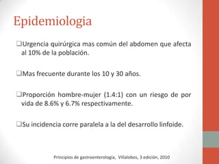 Epidemiologia
Urgencia quirúrgica mas común del abdomen que afecta
al 10% de la población.
Mas frecuente durante los 10 y 30 años.

Proporción hombre-mujer (1.4:1) con un riesgo de por
vida de 8.6% y 6.7% respectivamente.
Su incidencia corre paralela a la del desarrollo linfoide.

Principios de gastroenterología, Villalobos, 3 edición, 2010

 