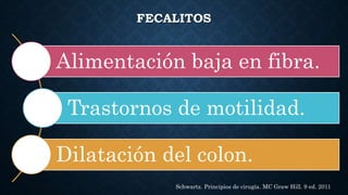 FECALITOS
Alimentación baja en fibra.
Trastornos de motilidad.
Dilatación del colon.
Schwartz. Principios de cirugía. MC Graw Hill. 9 ed. 2011
 