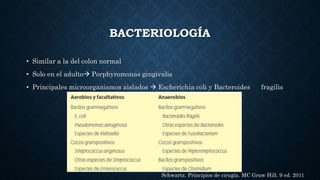 BACTERIOLOGÍA
• Similar a la del colon normal
• Solo en el adulto Porphyromonas gingivalis
• Principales microorganismos aislados  Escherichia coli y Bacteroides fragilis
Schwartz. Principios de cirugía. MC Graw Hill. 9 ed. 2011
 