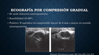 ECOGRAFÍA POR COMPRESIÓN GRADUAL
• Se mide diámetro anteroposterior
• Sensibilidad 55-96%
• Positivo  apéndice no compresible mayor de 6 mm o mayor en sentido
anteroposterior
Schwartz. Principios de cirugía. MC Graw Hill. 9 ed. 2011
 