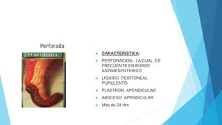 Perforada
 CARACTERISTICA:
 PERFORACION , LA CUAL ES
FRECUENTE EN BORDE
ANTIMESENTERICO
 LIQUIDO PERITONEAL
PURULENTO
 PLASTRON APENDICULAR
 ABSCESO APENDICULAR
 Más de 24 Hrs
 
