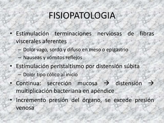 FISIOPATOLOGIA
• Estimulación terminaciones nerviosas de fibras
viscerales aferentes
– Dolor vago, sordo y difuso en meso o epigastrio
– Nauseas y vómitos reflejos
• Estimulación peristaltismo por distensión súbita
– Dolor tipo cólico al inicio
• Continua: secreción mucosa  distensión 
multiplicación bacteriana en apéndice
• Incremento presión del órgano, se excede presión
venosa
 