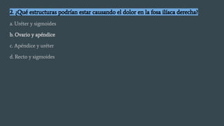2. ¿Qué estructuras podrían estar causando el dolor en la fosa ilíaca derecha?
a. Uréter y sigmoides
b. Ovario y apéndice
c. Apéndice y uréter
d. Recto y sigmoides
 