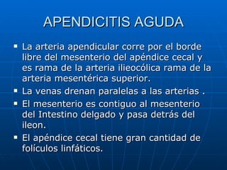 APENDICITIS AGUDA La arteria apendicular corre por el borde libre del mesenterio del apéndice cecal y es rama de la arteria ilieocólica rama de la arteria mesentérica superior. La venas drenan paralelas a las arterias . El mesenterio es contiguo al mesenterio del Intestino delgado y pasa detrás del ileon. El apéndice cecal tiene gran cantidad de folículos linfáticos. 