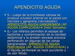 APENDICITIS AGUDA 5.- Luego de la trombosis venosa se produce oclusión arterial en la pared con necrosis y gangrena (necrobiosis):  APENDICITIS AGUDA GANGRENADA  (AP. AGUDA COMPLICADA)   Dolor Sómatico   6.- Los infartos permiten el escape de bacterias y contaminación de la cavidad abdominal y la presión elevada provoca perforación en algunas de las zonas gangrenadas:  APENDICITIS AGUDA PERFORADA  (AP. AGUDA COMPLICADA)  y el líquido peritoneal se hace purulento y de olor fétido. 