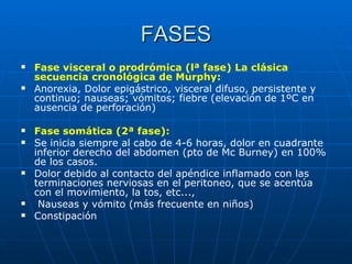 FASES Fase visceral o prodrómica (lª fase) La clásica secuencia cronológica de Murphy: Anorexia, Dolor epigástrico, visceral difuso, persistente y continuo; nauseas; vómitos; fiebre (elevación de 1ºC en ausencia de perforación) Fase somática (2ª fase): Se inicia siempre al cabo de 4-6 horas, dolor en cuadrante inferior derecho del abdomen (pto de Mc Burney) en 100% de los casos.  Dolor debido al contacto del apéndice inflamado con las terminaciones nerviosas en el peritoneo, que se acentúa con el movimiento, la tos, etc..., Nauseas y vómito (más frecuente en niños) Constipación 