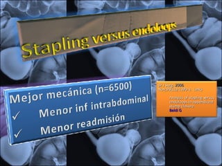 Br J Surg.  2006  Nov;93(11):1390-3.    Links Analysis of stapling versus endoloops in appendiceal stump closure. Beldi  G 