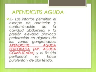 APENDICITIS AGUDA 
5.- Los infartos permiten el 
escape de bacterias y 
contaminación de la 
cavidad abdominal y la 
presión elevada provoca 
perforación en algunas de 
las zonas gangrenadas: 
APENDICITIS AGUDA 
PERFORADA (AP. AGUDA 
COMPLICADA) y el líquido 
peritoneal se hace 
purulento y de olor fétido. 
 