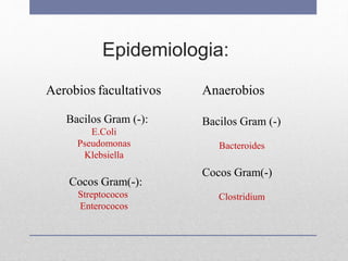 Epidemiologia:
Aerobios facultativos
Bacilos Gram (-):
E.Coli
Pseudomonas
Klebsiella
Cocos Gram(-):
Streptococos
Enterococos
Anaerobios
Bacilos Gram (-)
Bacteroides
Cocos Gram(-)
Clostridium
 
