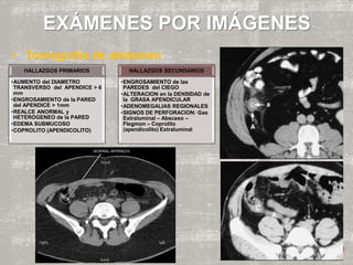 EXÁMENES POR IMÁGENES
• Tomografía de abdomen
HALLAZGOS PRIMARIOS
•AUMENTO del DIAMETRO
TRANSVERSO del APENDICE > 6
mm
•ENGROSAMIENTO de la PARED
del APENDICE > 1mm
•REALCE ANORMAL y
HETEROGENEO de la PARED
•EDEMA SUBMUCOSO
•COPROLITO (APENDICOLITO)
HALLAZGOS SECUNDARIOS
•ENGROSAMIENTO de las
PAREDES del CIEGO
•ALTERACION en la DENSIDAD de
la GRASA APENDICULAR
•ADENOMEGALIAS REGIONALES
•SIGNOS DE PERFORACION: Gas
Extraluminal – Absceso –
Flegmon – Coprolito
(apendicolito) Extraluminal
 