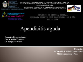 Presenta:
Dr. Delvin R. Gómez Hernández
Médico residente I Año
UNIVERSIDAD NACIONAL AUTÓNOMA DE NICARAGUA
UNAN- MANAGUA
HOSPITAL ESCUELAALEMÁN NICARAGÜENSE
SERVICIO DE CIRUGÍA GENERAL
PROGRAMA DOCENTE PARA RESIDENTES DE I AÑO
2023- 2024
Apendicitis aguda
Docentes Responsables:
Dra. Cinthia Espinoza.
Dr. Jorge Martínez.
 
