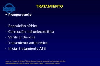 • Preoperatorio
- Reposición hídrica
- Corrección hidroelectrolítica
- Verificar diuresis
- Tratamiento antipirético
- Iniciar tratamiento ATB
TRATAMIENTO
Schwartz - Principios de Cirugía, 8ª Edición. Bunicardi; Andersen, Volumen II, Capítulo 29. pag 1119-1136
Washington Manual de Cirugía, 2ª Edición, 2002. Doherty G, Meko J, Capítulo 15. pag 228-235
 