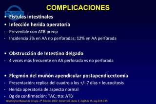 • Fístulas intestinales
• Infección herida operatoria
- Prevenible con ATB preop
- Incidencia 3% en AA no perforadas; 12% en AA perforada
• Obstrucción de Intestino delgado
- 4 veces más frecuente en AA perforada vs no perforada
• Flegmón del muñón apendicular postapendicectomía
- Presentación: replica del cuadro a los +/- 7 días + leucocitosis
- Herida operatoria de aspecto normal
- Dg de confirmación: TAC; tto: ATB
COMPLICACIONES
Washington Manual de Cirugía, 2ª Edición, 2002. Doherty G, Meko J, Capítulo 15. pag 228-235
 