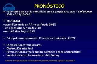 • Importante baja en la mortalidad en el siglo pasado: 1939 = 9.9/100000;
1986 = 0.27/100000
• Mortalidad
– apendicectomía en AA no perforada 0,06%
– en apendicitis perforada 2-3%
– en > 60 años llega al 15%
• Principal causa de muerte: 1º sepsis no controlada, 2º TEP
• Complicaciones tardías: raras
- Obstrucción Intestinal
- Hernia inguinal 3 veces más frecuente en apendicectomizados
- Hernia incisional: Paramediana > Mc Burney
PRONÓSTICO
Schwartz - Principios de Cirugía, 8ª Edición. Bunicardi; Andersen, Volumen II, Capítulo 29. pag 1119-1136
 