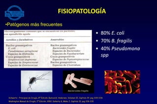 • 80% E. coli
• 70% B. fragilis
• 40% Pseudomona
spp
FISIOPATOLOGÍA
Schwartz - Principios de Cirugía, 8ª Edición. Bunicardi; Andersen, Volumen II, Capítulo 29. pag 1119-1136
Washington Manual de Cirugía, 2ª Edición, 2002. Doherty G, Meko J, Capítulo 15. pag 228-235
•Patógenos más frecuentes
 