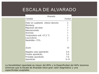 ESCALA DE ALVARADO

La Sensibilidad reportada es mayor del 80% y la Especificidad del 66% tenemos
entonces que la Escala de Alvarado tiene gran valor diagnóstico y una
especificidad aceptable.

 