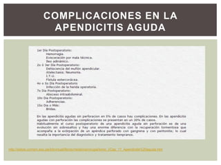 COMPLICACIONES EN LA
APENDICITIS AGUDA

http://sisbib.unmsm.edu.pe/bibvirtual/libros/medicina/cirugia/tomo_i/Cap_11_Apendicitis%20aguda.htm

 