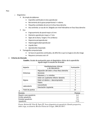 Plan
o Diagnóstico
 Rx simple de abdomen
 Coprolito calcificado en área apendicular
 Borramiento de la grasa preperitoneal => edema
 Pequeñas cantidades de aire en la fosa iliaca derecha
 Asa centinela: un asa de int. Delgado con nivel hidroaéreo en fosa iliaca derecha
 Eco
 Engrosamiento de pared mayor a 6 mm
 Diámetro apendicular mayor a 7 mm.
 Signo de la Diana, Target o Tiro al Blanco
 Hiperemia periapendicular
 Hiperecogenicidad apendicular
 Líquido libre
 Apendicolito impactado
 Tomografía computarizada
 Se hace en pacientes comlicados, de difícil Dx o que la cirugía es de alto riesgo
 Requiere contraste oral e IV
 Criterios de Alvarado

 