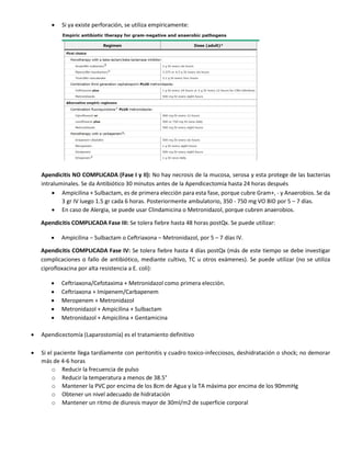  Si ya existe perforación, se utiliza empíricamente:
Apendicitis NO COMPLICADA (Fase I y II): No hay necrosis de la mucosa, serosa y esta protege de las bacterias
intraluminales. Se da Antibiótico 30 minutos antes de la Apendicectomía hasta 24 horas después
 Ampicilina + Sulbactam, es de primera elección para esta fase, porque cubre Gram+, - y Anaerobios. Se da
3 gr IV luego 1.5 gr cada 6 horas. Posteriormente ambulatorio, 350 - 750 mg VO BID por 5 – 7 días.
 En caso de Alergia, se puede usar Clindamicina o Metronidazol, porque cubren anaerobios.
Apendicitis COMPLICADA Fase III: Se tolera fiebre hasta 48 horas postQx. Se puede utilizar:
 Ampicilina – Sulbactam o Ceftriaxona – Metronidazol, por 5 – 7 días IV.
Apendicitis COMPLICADA Fase IV: Se tolera fiebre hasta 4 días postQx (más de este tiempo se debe investigar
complicaciones o fallo de antibiótico, mediante cultivo, TC u otros exámenes). Se puede utilizar (no se utiliza
ciprofloxacina por alta resistencia a E. coli):
 Ceftriaxona/Cefotaxima + Metronidazol como primera elección.
 Ceftriaxona + Imipenem/Carbapenem
 Meropenem + Metronidazol
 Metronidazol + Ampicilina + Sulbactam
 Metronidazol + Ampicilina + Gentamicina
 Apendicectomía (Laparostomía) es el tratamiento definitivo
 Si el paciente llega tardíamente con peritonitis y cuadro toxico-infecciosos, deshidratación o shock; no demorar
más de 4-6 horas
o Reducir la frecuencia de pulso
o Reducir la temperatura a menos de 38.5°
o Mantener la PVC por encima de los 8cm de Agua y la TA máxima por encima de los 90mmHg
o Obtener un nivel adecuado de hidratación
o Mantener un ritmo de diuresis mayor de 30ml/m2 de superficie corporal
 