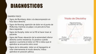 DIAGNOSTICOS
EXAMEN FISICO
• Signo de Blumberg: dolor a la descompresión en
fosa ilíaca derecha.
• Signo de Rovsing: aparición de dolor en el punto de
McBurney mientras se palpa o se percute la fosa
ilíaca izquierda.
• Signo de Dunphy: dolor en la FID al hacer toser al
paciente.
• Signo del Psoas: elevación de la extremidad inferior
derecha contra resistencia. Es positivo cuando
aparece o aumenta el dolor en FID e indica que el
apéndice se encuentra retro cecal.
• Signo de lo obturador: dolor en el hipogastrio al
rotar internamente el muslo derecho. Indica
apéndice en posición pélvica.
 