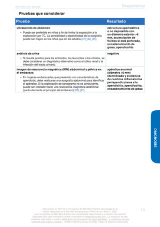 Apendicitis aguda Diagnóstico
Pruebas que considerar
Prueba Resultado
ultrasonido de abdomen
• Puede ser preferible en niños a fin de limitar la exposición a la
exploración por TC. La sensibilidad y especificidad de la ecografía
puede ser mayor en los niños que en los adultos.[41] [44] [45]
estructura aperistáltica
o no depresible con
un diámetro exterior >6
mm, acumulación de
fluidos si está perforada,
encadenamiento de
grasa, apendicolito
análisis de orina
• Si resulta positivo para los eritrocitos, los leucocitos o los nitratos, se
debe considerar un diagnóstico alternativo como el cólico renal o la
infección del tracto urinario.
negativo
imagen de resonancia magnética (IRM) abdominal y pélvica en
el embarazo
• En mujeres embarazadas que presentan con características de
apendicitis, debe realizarse una ecografía abdominal para identificar
el apéndice. Si la exploración de sonograma no es concluyente,
puede ser indicado hacer una resonancia magnética abdominal
(particularmente al principio del embarazo).[29] [47]
apéndice anormal
(diámetro >6 mm)
identificado y evidencia
de cambios inflamatorios
periapendiculares a la
apendicitis, apendicolito,
encadenamiento de grasa
DIAGNOSIS
Esta versión en PDF de la monografía de BMJ Best Practice está basada en la
versión disponible en el sitio web actualizada por última vez en: May 01, 2020.
Las monografías de BMJ Best Practice son actualizadas regularmente y la versión más reciente
disponible para cada monografía puede consultarse en bestpractice.bmj.com . La utilización de este
contenido está sujeta a nuestra declaración de exoneración de responsabilidad (. La utilización de este
contenido está sujeta a nuestra ) . © BMJ Publishing Group Ltd 2020. Todos los derechos reservados.
13
 