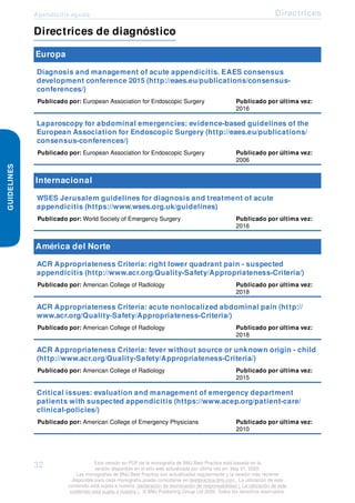 Apendicitis aguda Directrices
GUIDELINES
Directrices de diagnóstico
Europa
Diagnosis and management of acute appendicitis. EAES consensus
development conference 2015 (http://eaes.eu/publications/consensus-
conferences/)
Publicado por: European Association for Endoscopic Surgery Publicado por última vez:
2016
Laparoscopy for abdominal emergencies: evidence-based guidelines of the
European Association for Endoscopic Surgery (http://eaes.eu/publications/
consensus-conferences/)
Publicado por: European Association for Endoscopic Surgery Publicado por última vez:
2006
Internacional
WSES Jerusalem guidelines for diagnosis and treatment of acute
appendicitis (https://www.wses.org.uk/guidelines)
Publicado por: World Society of Emergency Surgery Publicado por última vez:
2016
América del Norte
ACR Appropriateness Criteria: right lower quadrant pain - suspected
appendicitis (http://www.acr.org/Quality-Safety/Appropriateness-Criteria/)
Publicado por: American College of Radiology Publicado por última vez:
2018
ACR Appropriateness Criteria: acute nonlocalized abdominal pain (http://
www.acr.org/Quality-Safety/Appropriateness-Criteria/)
Publicado por: American College of Radiology Publicado por última vez:
2018
ACR Appropriateness Criteria: fever without source or unknown origin - child
(http://www.acr.org/Quality-Safety/Appropriateness-Criteria/)
Publicado por: American College of Radiology Publicado por última vez:
2015
Critical issues: evaluation and management of emergency department
patients with suspected appendicitis (https://www.acep.org/patient-care/
clinical-policies/)
Publicado por: American College of Emergency Physicians Publicado por última vez:
2010
32 Esta versión en PDF de la monografía de BMJ Best Practice está basada en la
versión disponible en el sitio web actualizada por última vez en: May 01, 2020.
Las monografías de BMJ Best Practice son actualizadas regularmente y la versión más reciente
disponible para cada monografía puede consultarse en bestpractice.bmj.com . La utilización de este
contenido está sujeta a nuestra declaración de exoneración de responsabilidad (. La utilización de este
contenido está sujeta a nuestra ) . © BMJ Publishing Group Ltd 2020. Todos los derechos reservados.
 