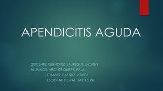 APENDICITIS AGUDA
DOCENTE: QUIÑONES JAUREGUI, JHONNY
ALUMNOS: APONTE QUISPE, PAUL
CHAVEZ CASTRO, JORGE
ESCOBAR CORAL, JACKELINE
 