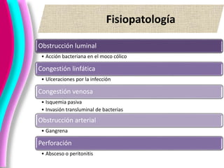 Fisiopatología
Obstrucción luminal
• Acción bacteriana en el moco cólico
Congestión linfática
• Ulceraciones por la infección
Congestión venosa
• Isquemia pasiva
• Invasión transluminal de bacterias
Obstrucción arterial
• Gangrena
Perforación
• Absceso o peritonitis
 