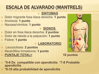 ESCALA DE ALVARADO (MANTRELS)
                              SINTOMAS
   Dolor migrante fosa iliaca derecha :1 punto
   Anorexia: 1 punto
   Nausea/vómitos: 1 punto
                              SIGNOS
   Dolor en fosa iliaca derecha: 2 puntos
   Dolor de rebote a la palpación: 1 punto
   Fiebre: 1 punto
                           LABORATORIO
   Leucocitosis: 2 puntos
   Neutrófilos Inmaduros: 1 punto
   PUNTAJE TOTAL=                           10 puntos

   *5-6 Dx compatible con apendicitis *7-8 Probable
    apendicitis
   *9-10 alta probabilidad de apendicitis
 
